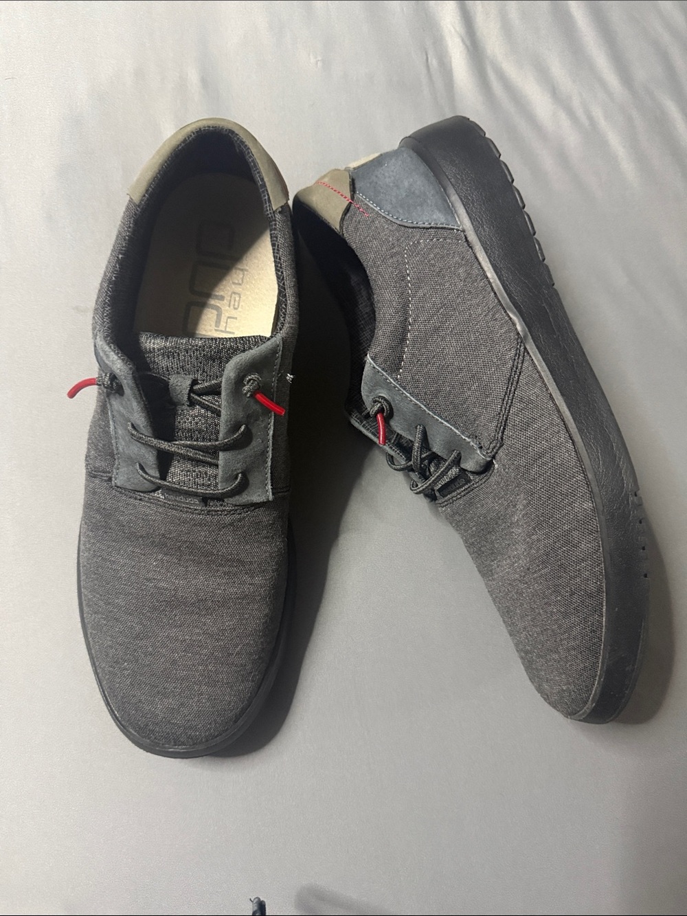 Hey Dude Gray Canvas Slip-On Loafers with Red Accents